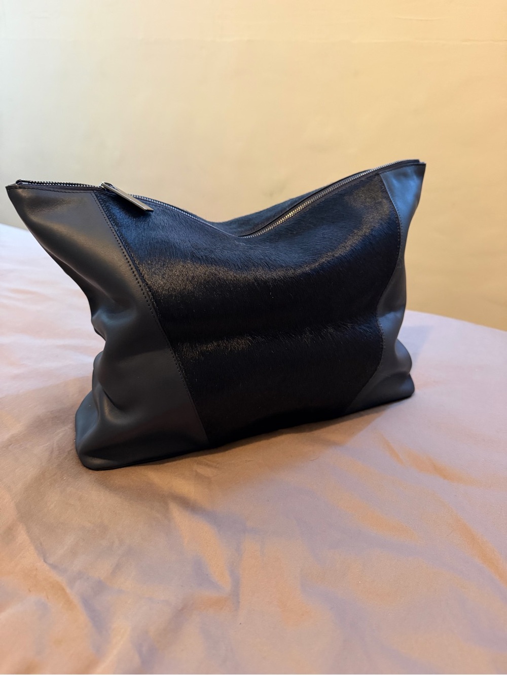 Vince Navy Leather and Haircalf Zip Clutch